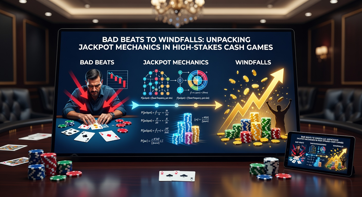 High-Stakes-Poker-Tisch mit aufgestapelten Chips und Jackpot-Anzeige im Hintergrund, die die Spannung vor einem möglichen Bad Beat einfängt