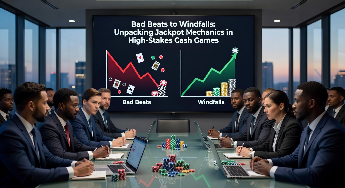 Detaillierte Grafik eines Bad Beat-Szenarios mit Kartenlayout, Chip-Stacks und Jackpot-Auszahlungsverteilung, die die Komplexität der Regeln visualisiert