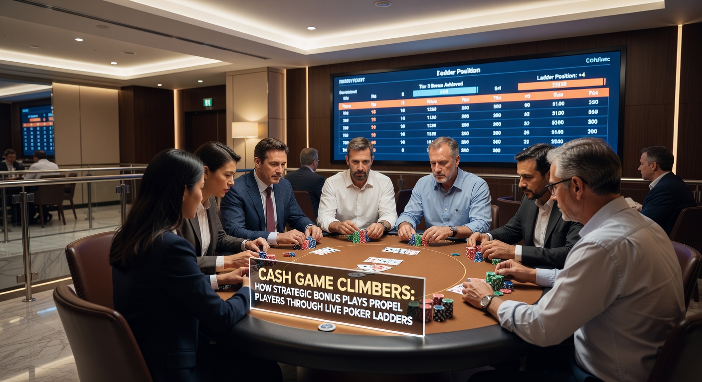 Spieler am Live-Poker-Tisch, der eine starke Hand mit Bonus-Potenzial spielt, umfasst Stapel von Chips in einem belebten Casino