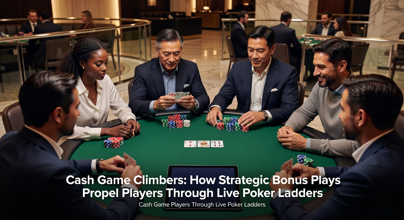 Gruppe von Poker-Spielern feiert einen großen Bonus-Gewinn an einem High-Stakes-Cash-Game-Tisch, Chips und Karten im Vordergrund